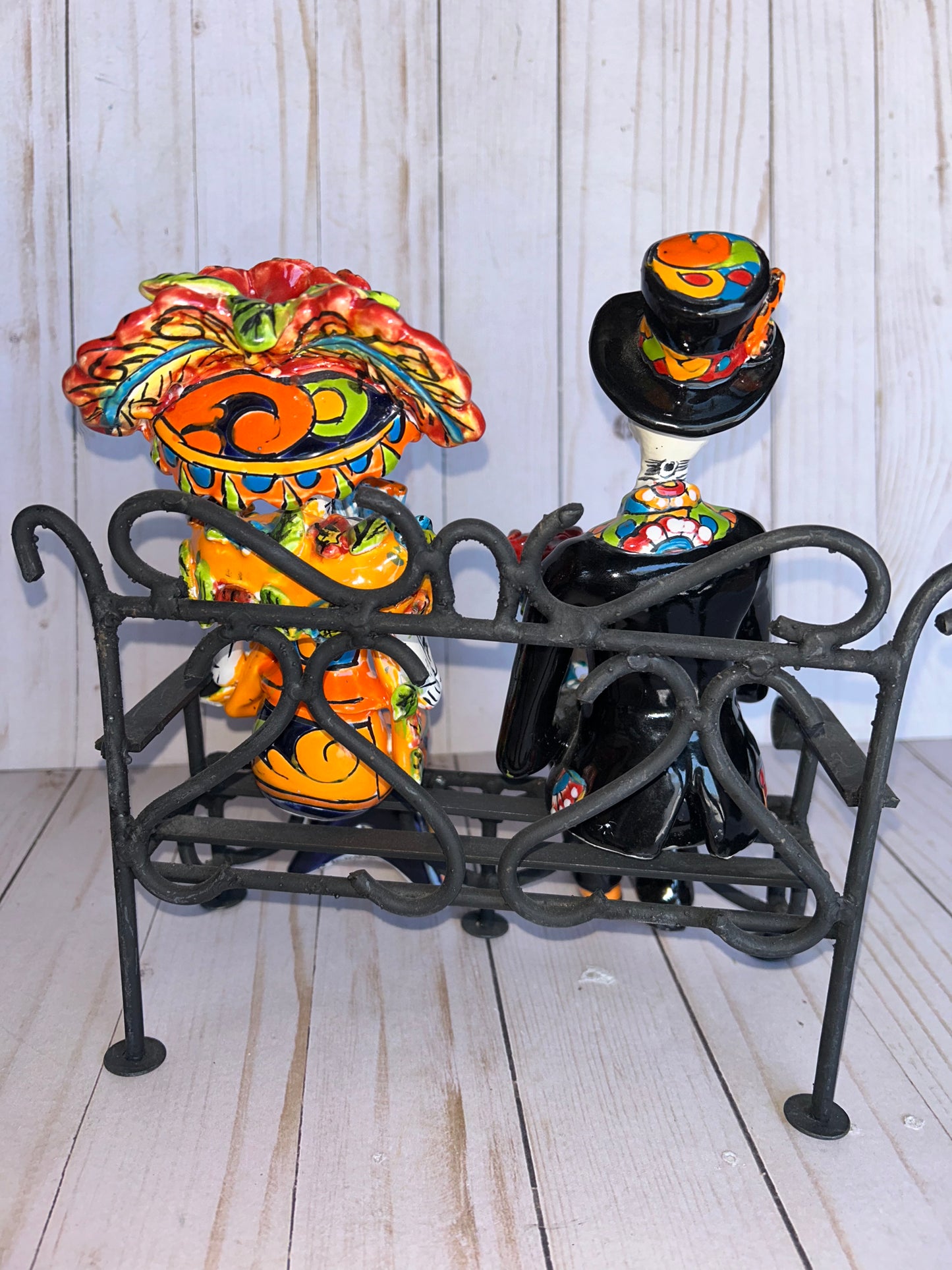 Talavera Small Bride&Groom with Iron Bench Day of the dead.