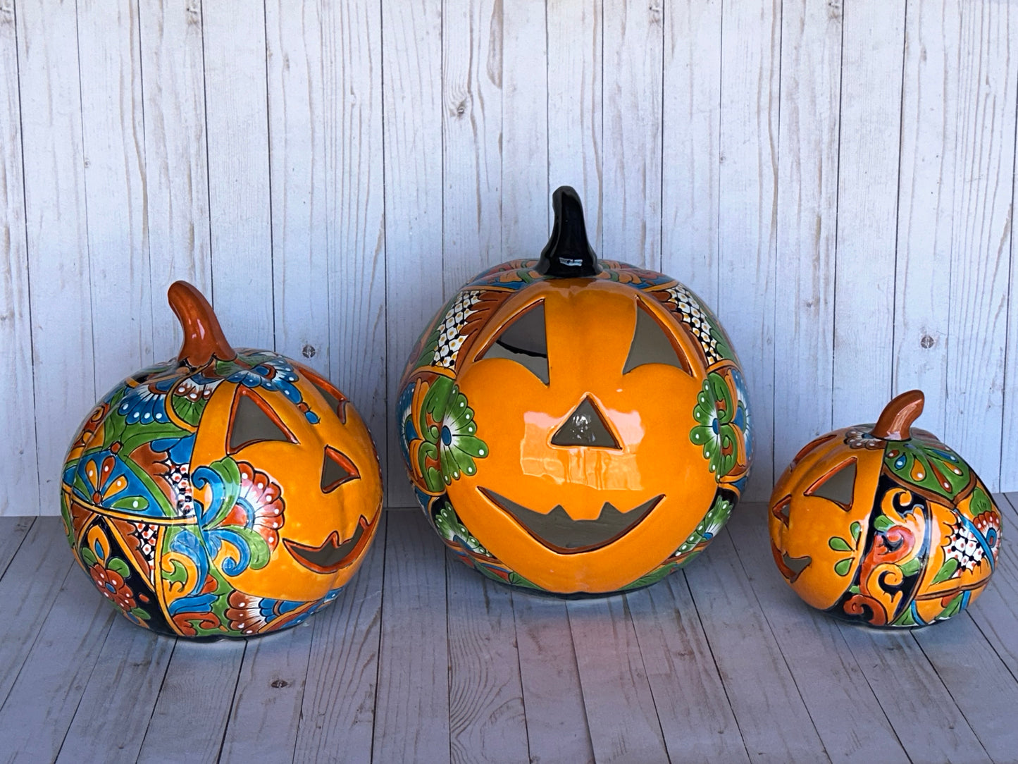 Hand-Painted Talavera Ceramic Pumpkin: Floral Jack-o'-Lantern Decor