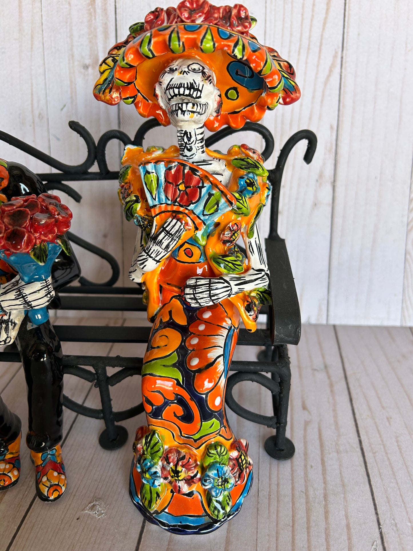 Talavera Small Bride&Groom with Iron Bench Day of the dead.