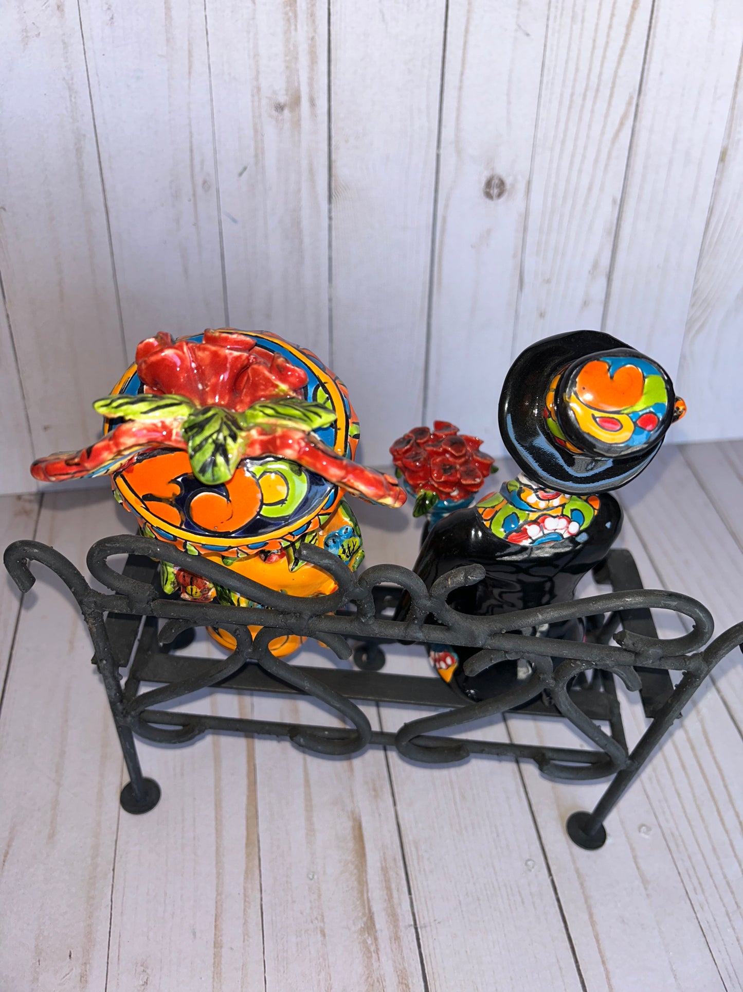Talavera Small Bride&Groom with Iron Bench Day of the dead.