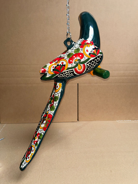 Handmade Ceramic Hanging Parrot: Maya Pattern Mexican Decor