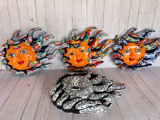 Handcrafted Large Talavera Sun Face Wall Art – Mexican Ceramic Decor, Vibrant Folk Art
