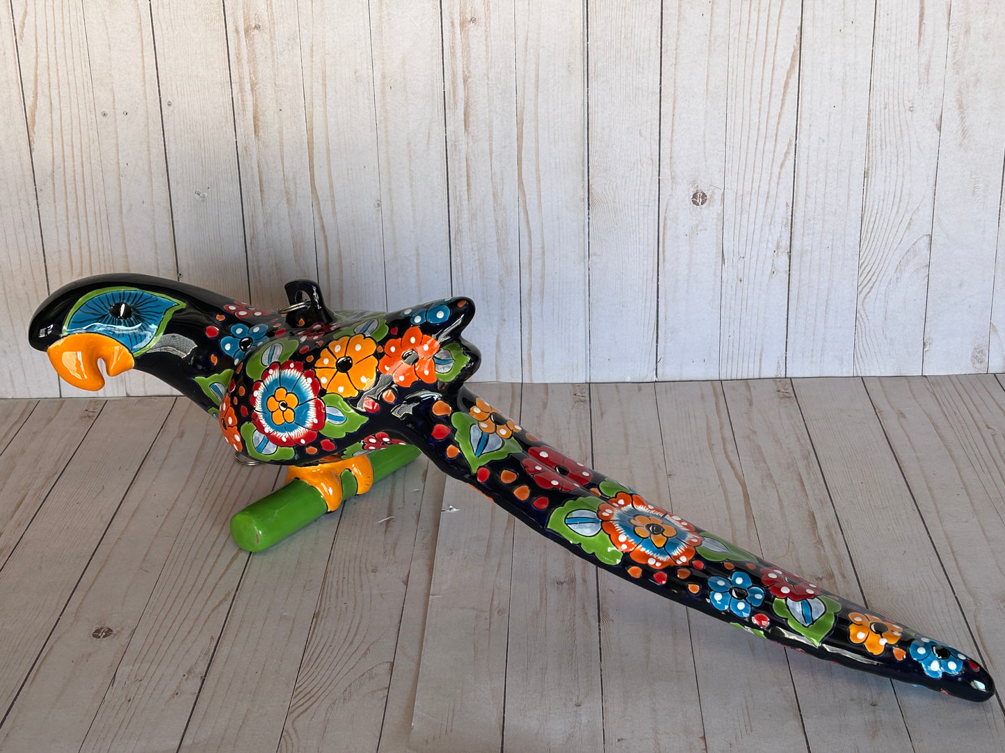 Hanging Ceramic Parrot: Mexican Folk Art, Floral Pattern, Cobalt Blue Background