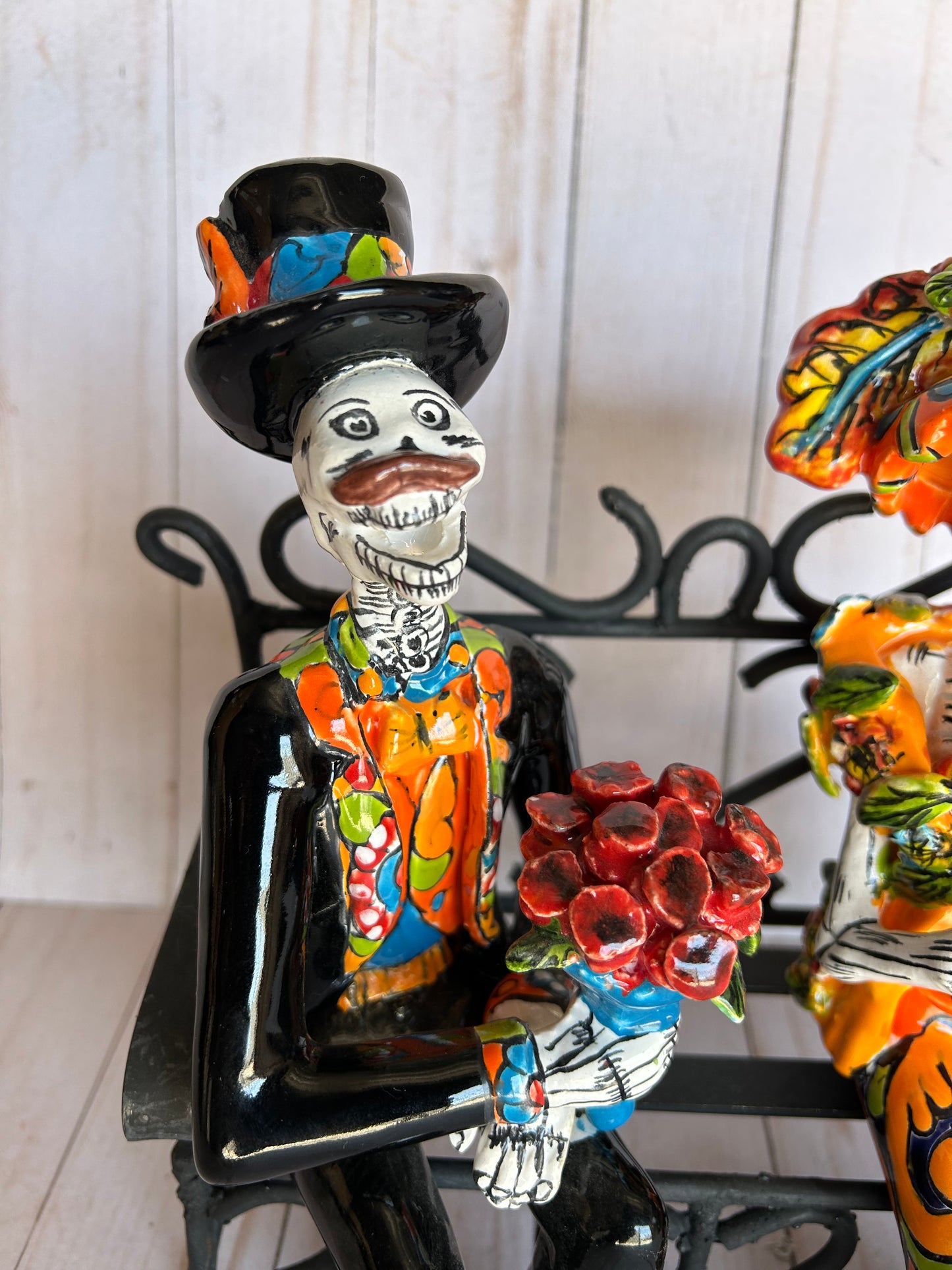 Talavera Small Bride&Groom with Iron Bench Day of the dead.