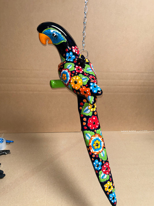 Hanging Ceramic Parrot: Mexican Folk Art, Floral Pattern, Cobalt Blue Background