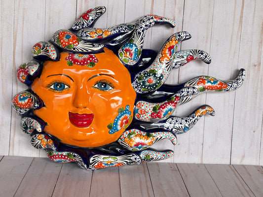 Handcrafted Large Talavera Sun Face Wall Art – Mexican Ceramic Decor, Vibrant Folk Art
