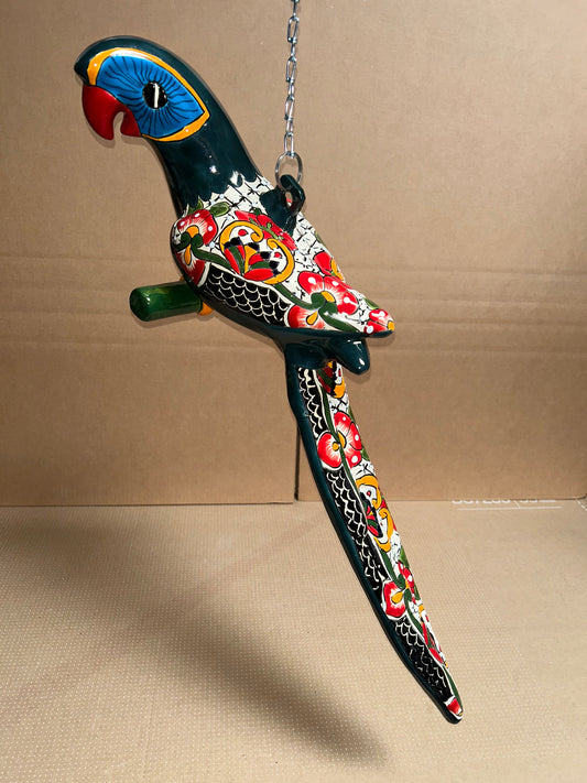 Handmade Ceramic Hanging Parrot: Maya Pattern Mexican Decor