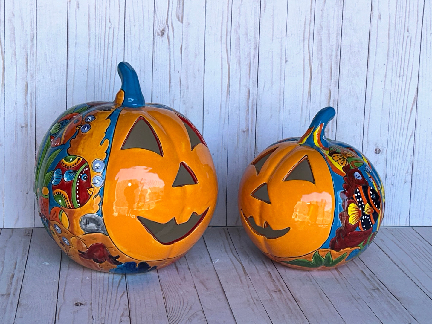 Hand-Painted Talavera Ceramic Pumpkin: Floral Jack-o'-Lantern Decor