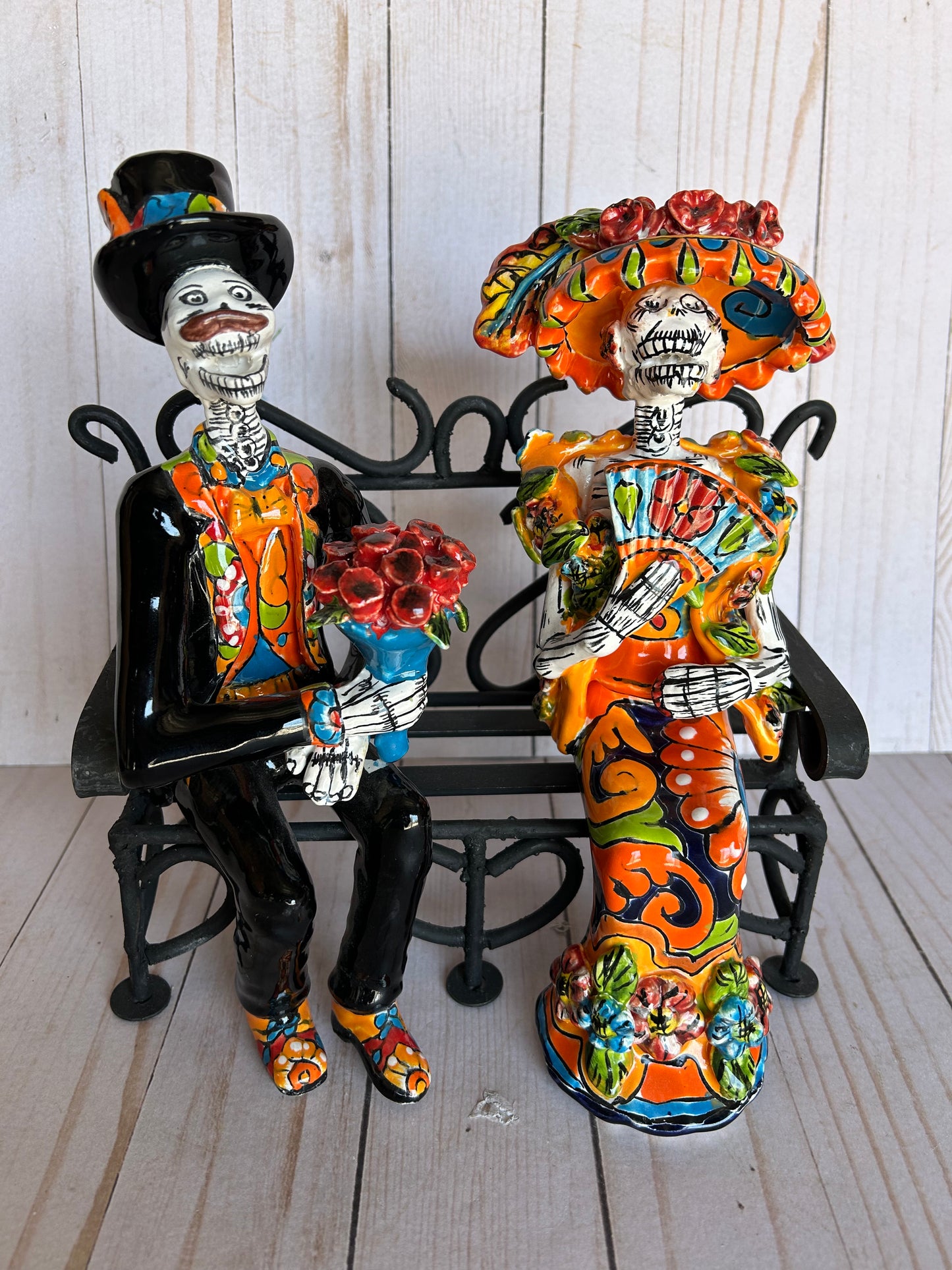 Talavera Small Bride&Groom with Iron Bench Day of the dead.