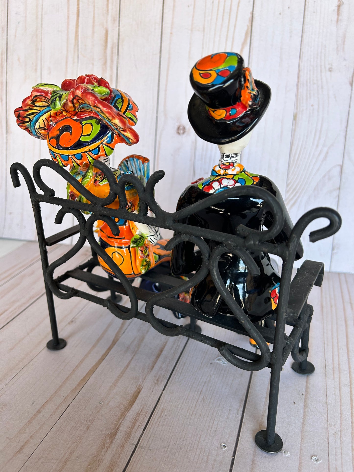 Talavera Small Bride&Groom with Iron Bench Day of the dead.