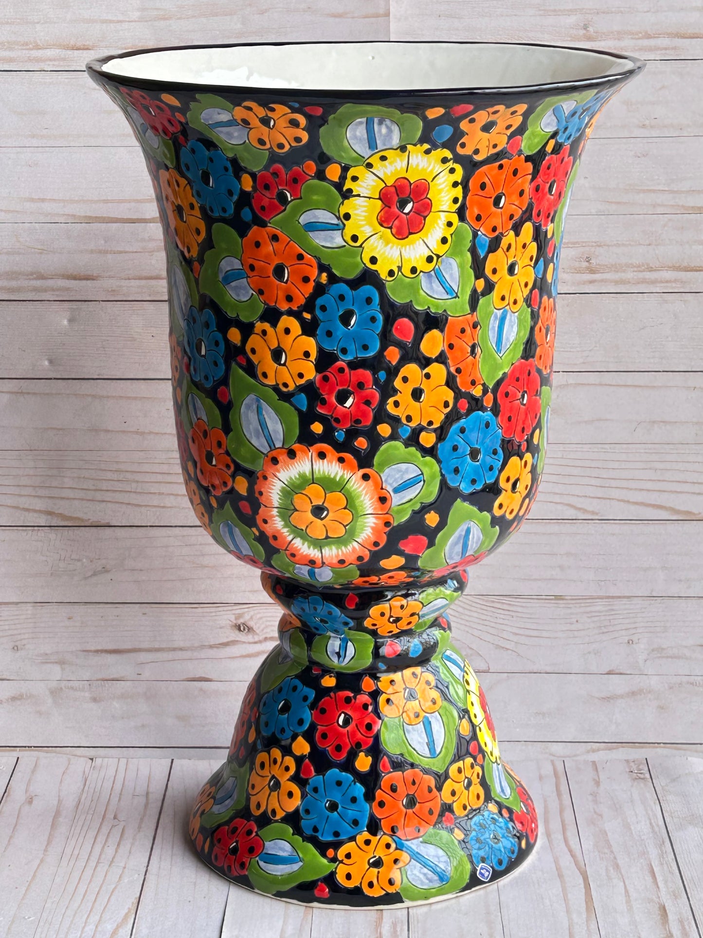 Talavera Planter Cups with Drainage Hole- Hand Painted Mexican Ceramic Pot-Large Pedestal Flower Pot