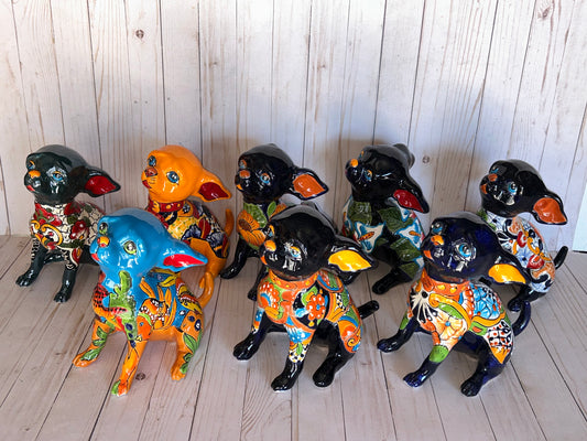 Sitting Handmade Talavera Chihuahua Figurines – Colorful Mexican Pottery Puppies