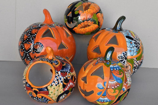 Hand-Painted Talavera Ceramic Pumpkin: Floral Jack-o'-Lantern Decor