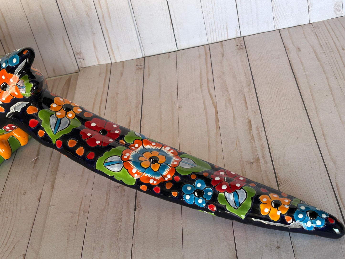 Hanging Ceramic Parrot: Mexican Folk Art, Floral Pattern, Cobalt Blue Background