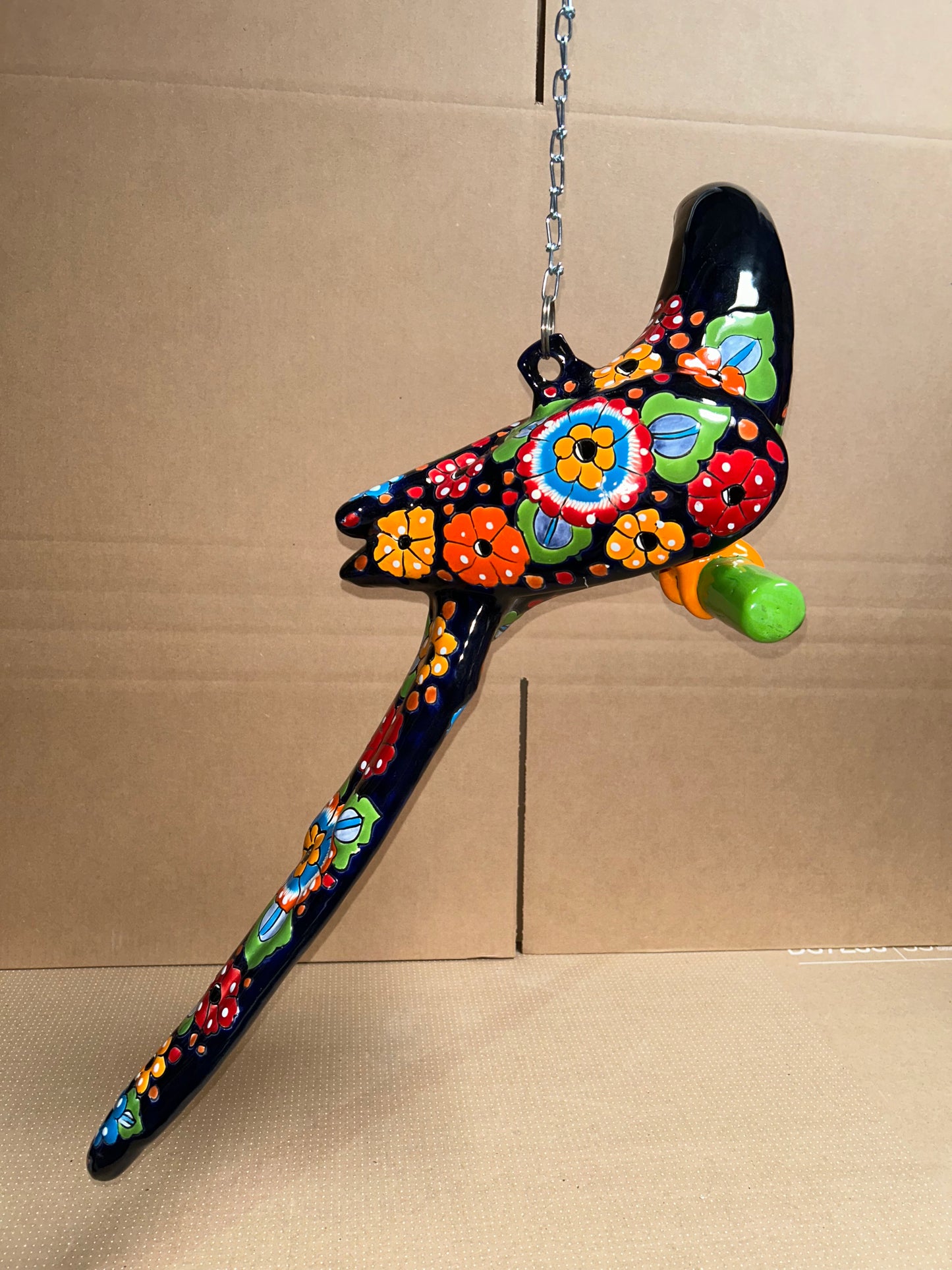 Hanging Ceramic Parrot: Mexican Folk Art, Floral Pattern, Cobalt Blue Background