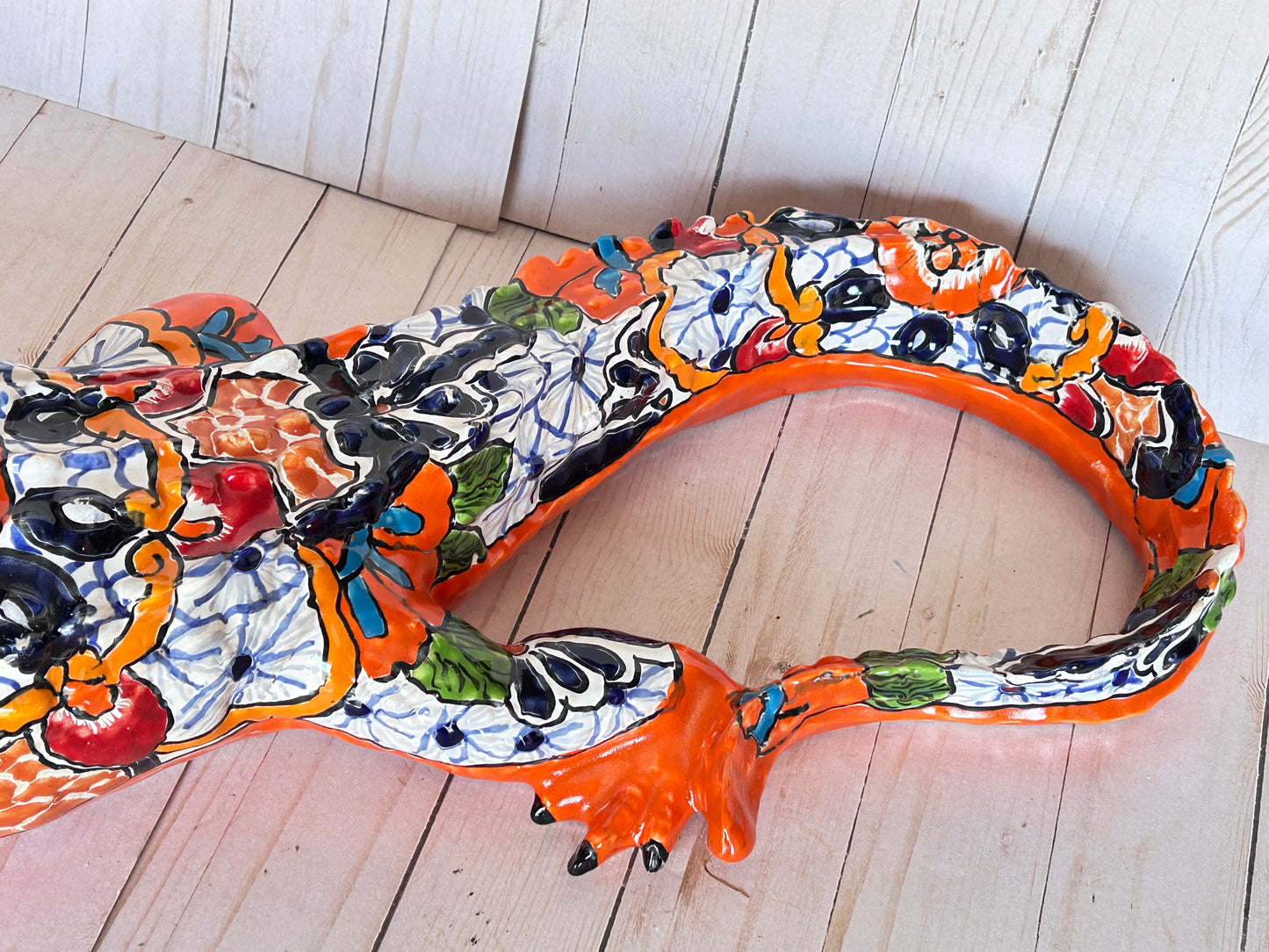 Hand Painted Mexican Ceramic Talavera Alligator Sculpture