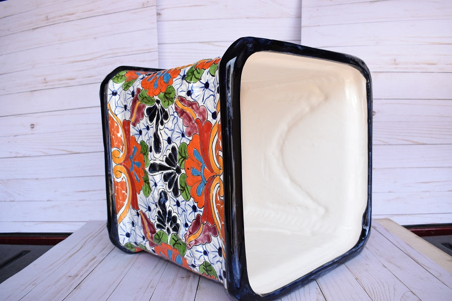 Square Flowerplanter Handcrafted Talavera White Puebla