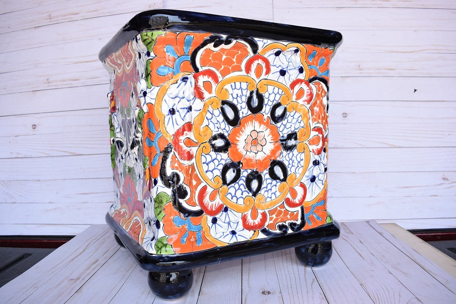 Square Flowerplanter Handcrafted Talavera White Puebla