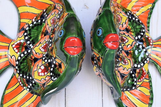 Angelfish- Hancrafted Talavera Ceramic in Green & Red Peacock Design