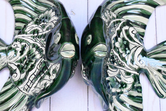 Angelfish- Hancrafted Talavera Ceramic in Green Leaf and Sand White Design