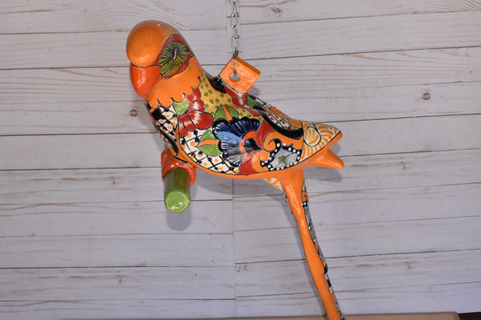 Hanging Ceramic Parrot: Mexican Folk Art, Marigold Talavera Pattern