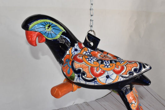 Hanging Ceramic Parrot: Mexican Folk Art, White Puebla Pattern, Cobalt Blue Background