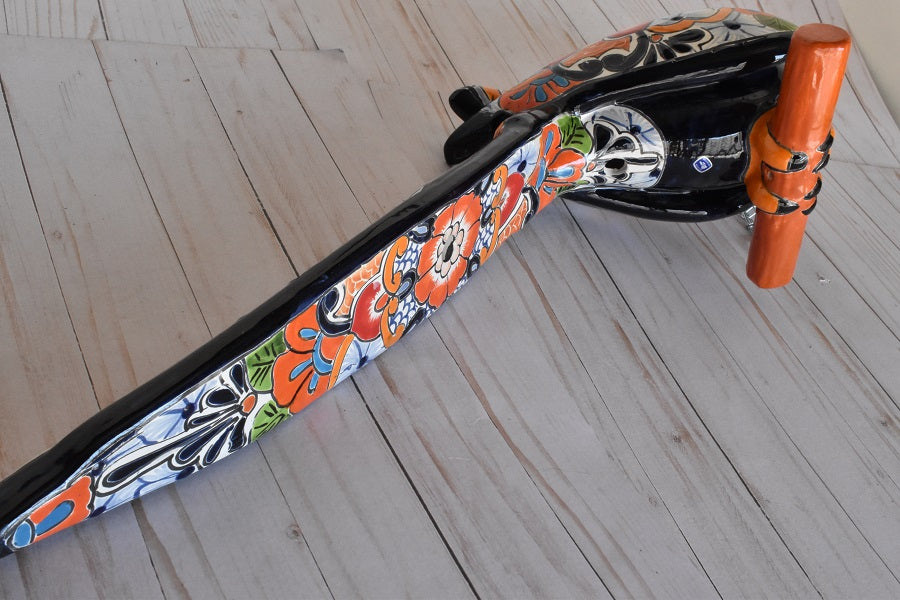 Hanging Ceramic Parrot: Mexican Folk Art, White Puebla Pattern, Cobalt Blue Background