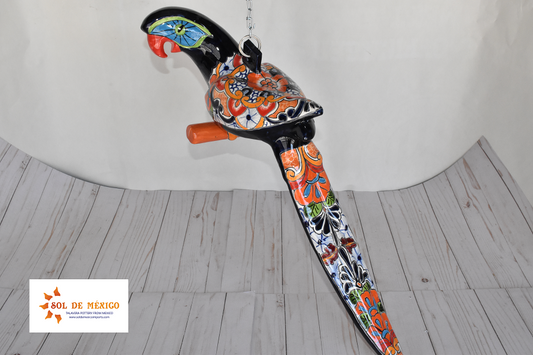 Hanging Ceramic Parrot: Mexican Folk Art, White Puebla Pattern, Cobalt Blue Background