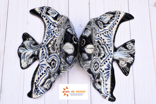 Angelfish- Hancrafted Talavera Ceramic in Cobalt Blue and Sand White Design