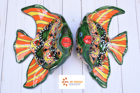 Angelfish- Hancrafted Talavera Ceramic in Green & Red Peacock Design