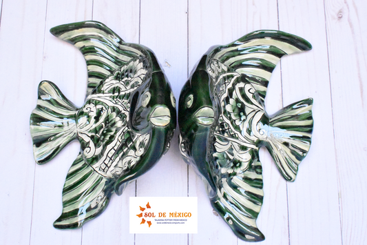 Angelfish- Hancrafted Talavera Ceramic in Green Leaf and Sand White Design