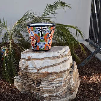Ceramic flowerpot, colorful Talavera Puebla White Design