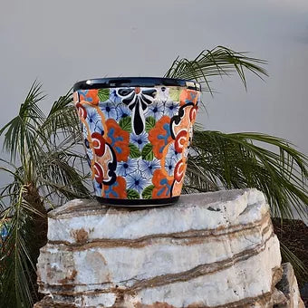 Ceramic flowerpot, colorful Talavera Puebla White Design