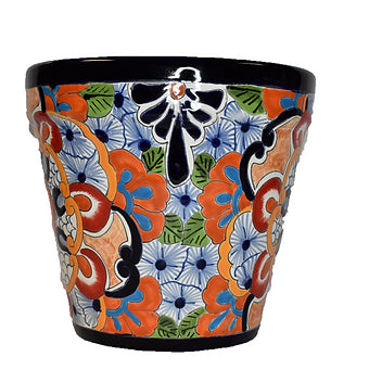 Ceramic flowerpot, colorful Talavera Puebla White Design