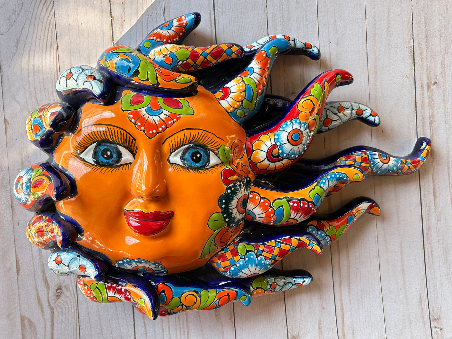 Handcrafted Large Talavera Sun Face Wall Art – Mexican Ceramic Decor, Vibrant Folk Art