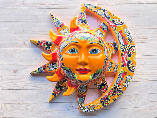 Handcrafted Talavera Sun & Moon Wall Art – Colorful Mexican Ceramic Wall Décor – 19.5” Diameter