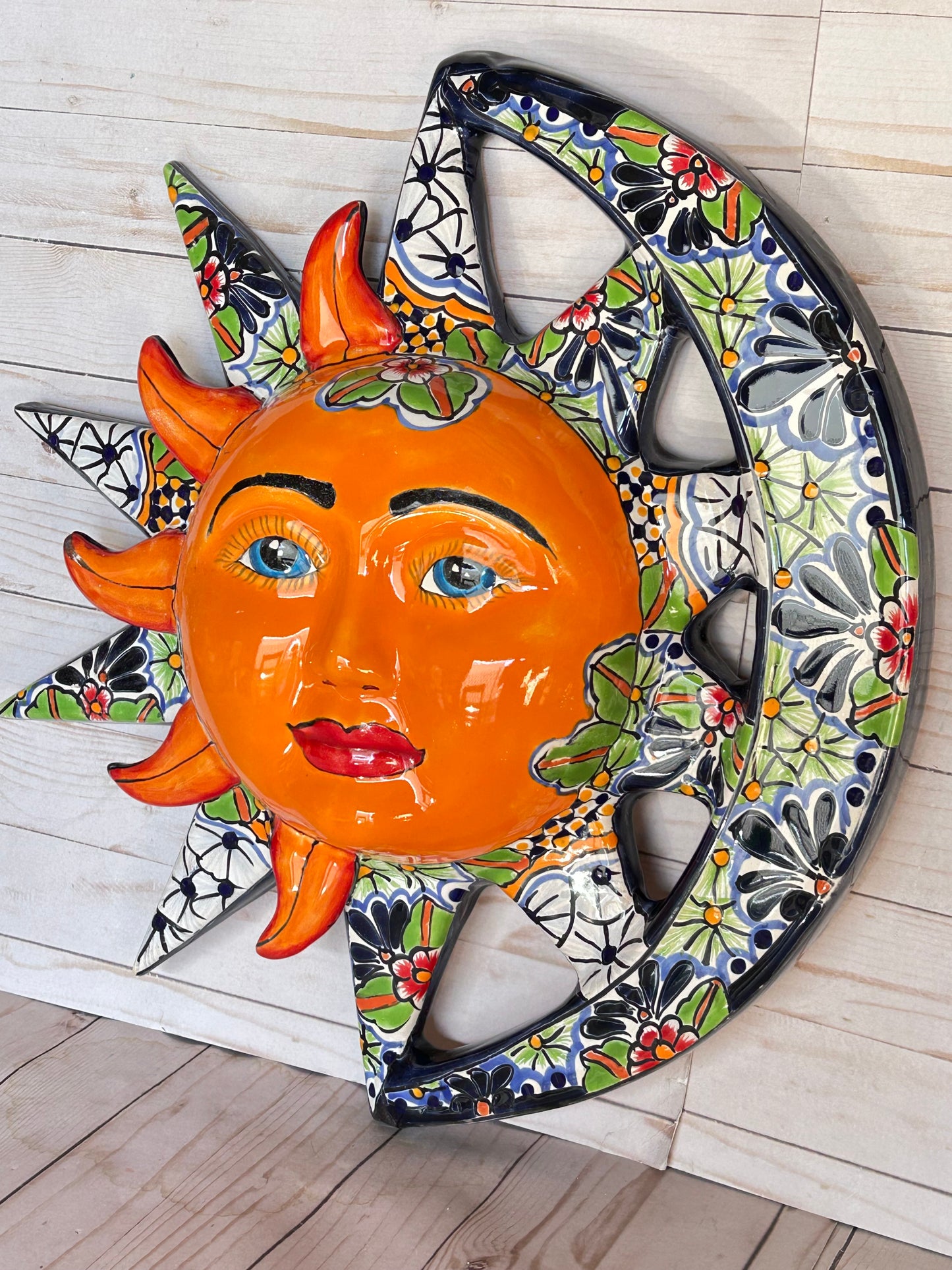 Handcrafted Talavera Sun & Moon Wall Art – Colorful Mexican Ceramic Wall Décor – 19.5” Diameter
