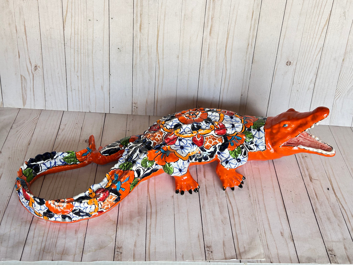 Hand Painted Mexican Ceramic Talavera Alligator Sculpture