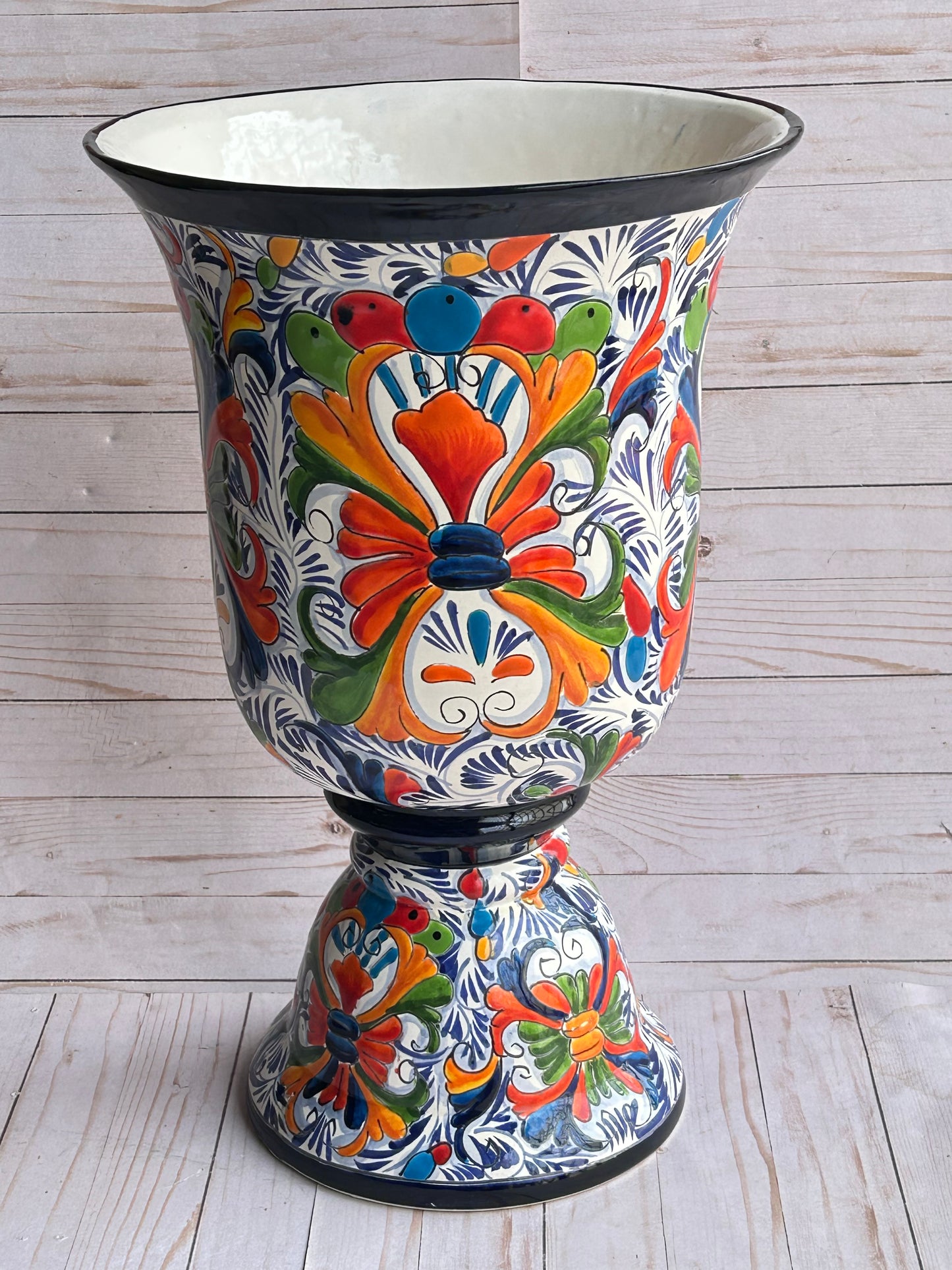 Talavera Planter Cups with Drainage Hole- Hand Painted Mexican Ceramic Pot-Large Pedestal Flower Pot