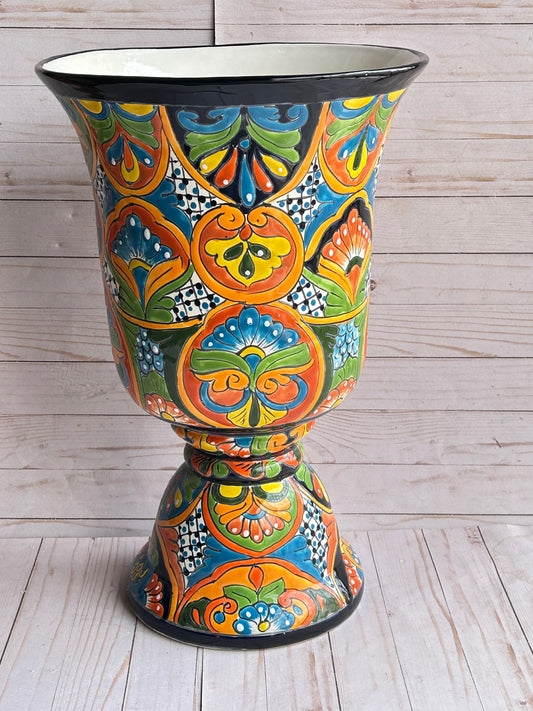 Talavera Planter Cups with Drainage Hole- Hand Painted Mexican Ceramic Pot-Large Pedestal Flower Pot
