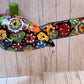 Hanging Ceramic Parrot: Mexican Folk Art, Floral Pattern, Cobalt Blue Background