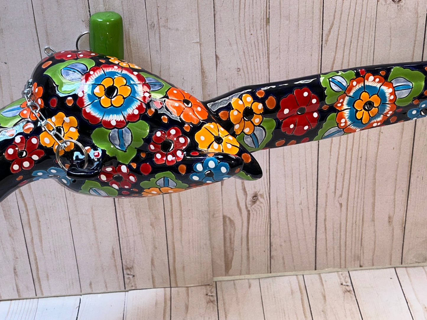 Hanging Ceramic Parrot: Mexican Folk Art, Floral Pattern, Cobalt Blue Background