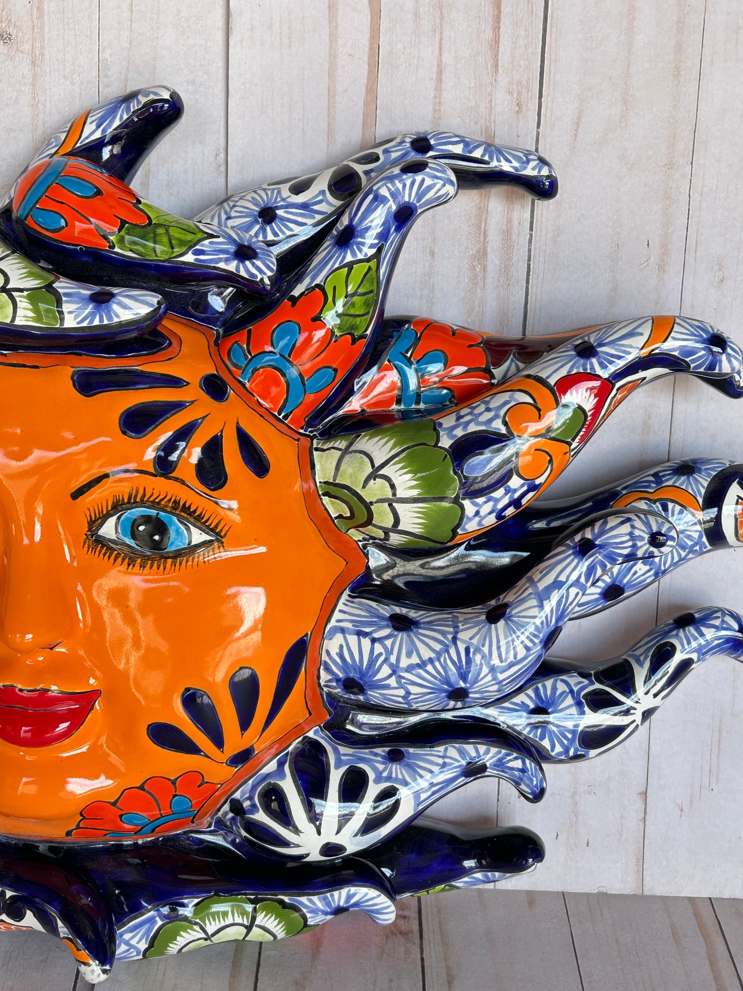 Handcrafted Large Talavera Sun Face Wall Art – Mexican Ceramic Decor, Vibrant Folk Art