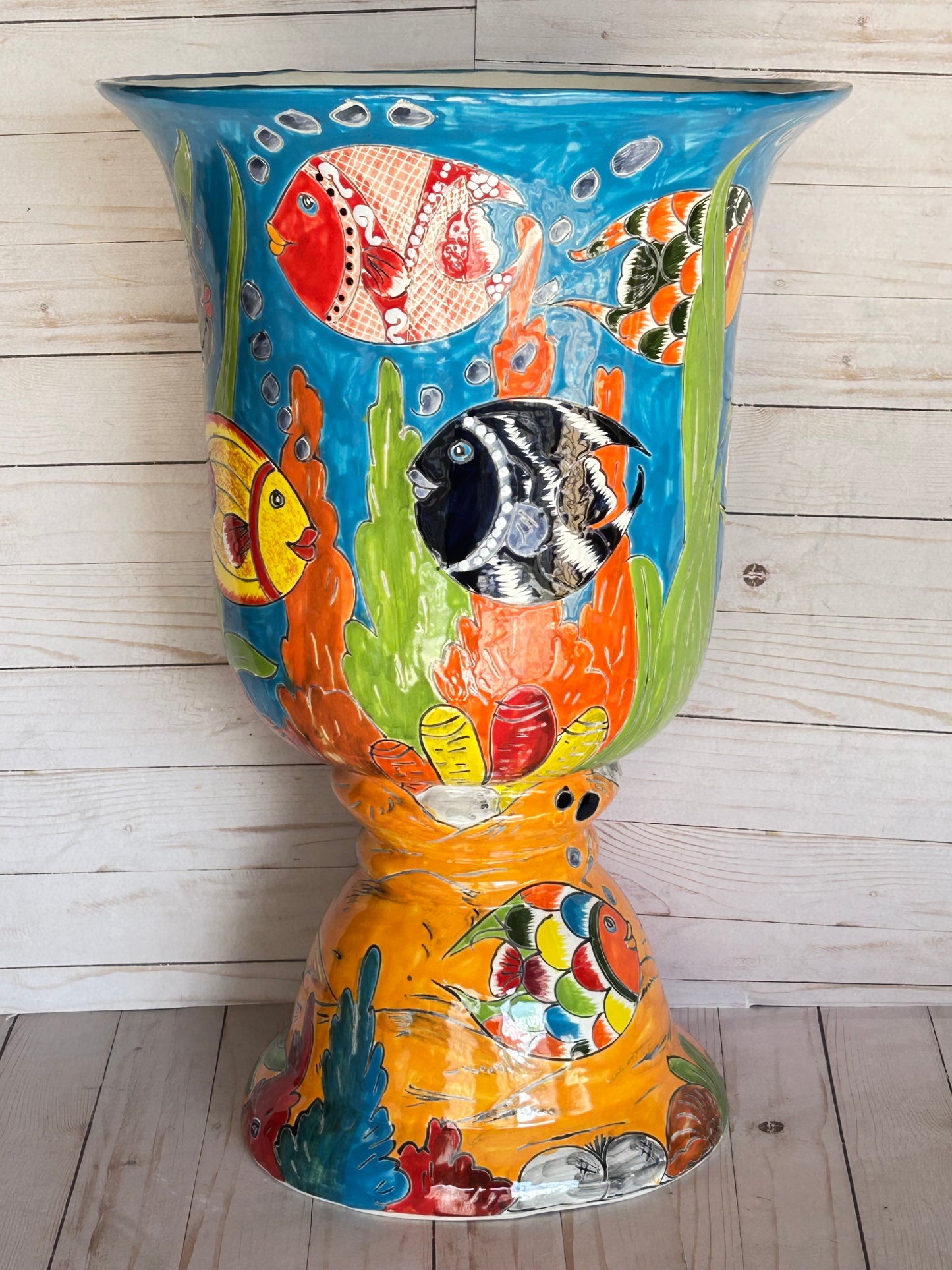 Talavera Planter Cups with Drainage Hole- Hand Painted Mexican Ceramic Pot-Large Pedestal Flower Pot