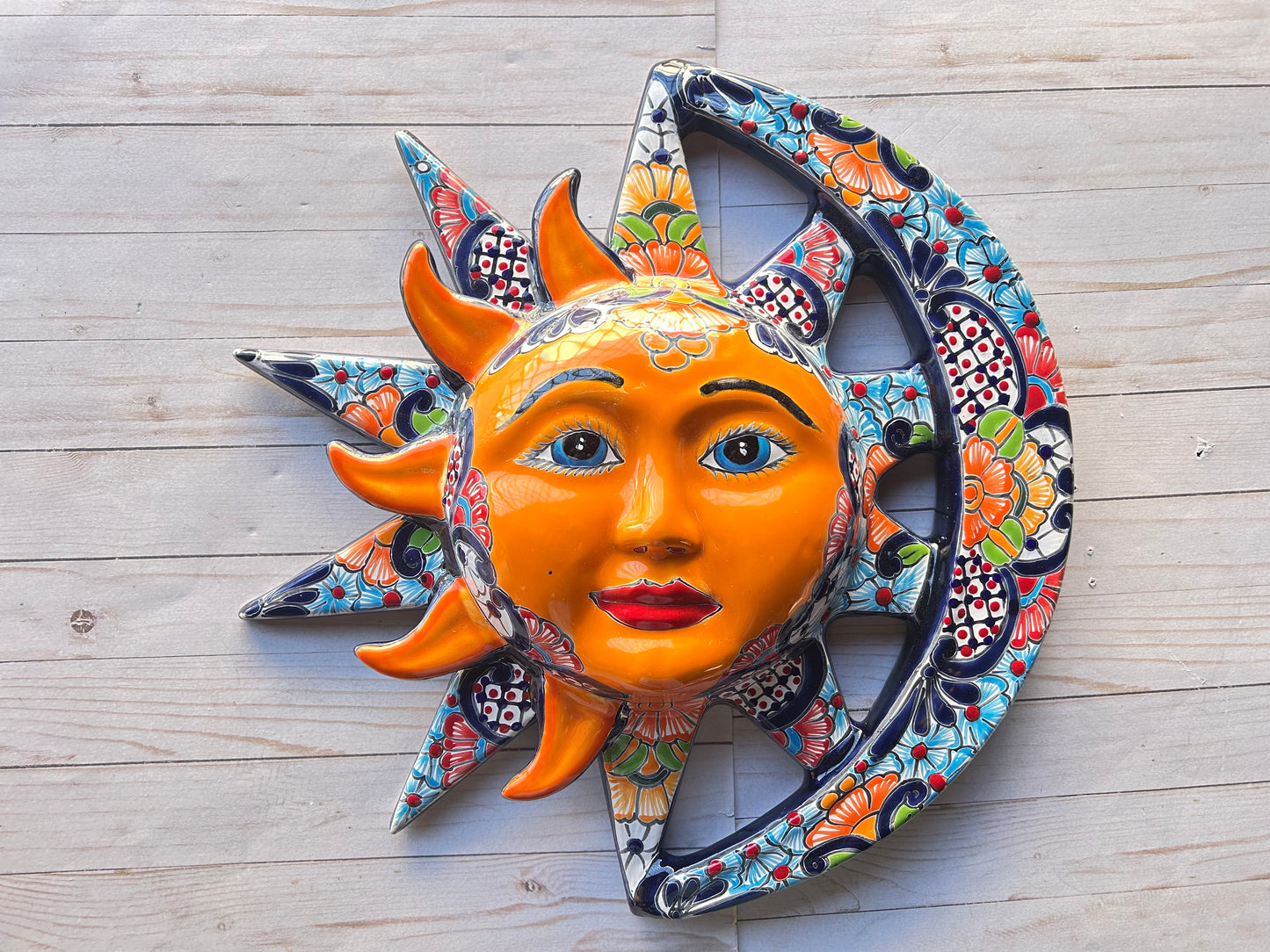 Handcrafted Talavera Sun & Moon Wall Art – Colorful Mexican Ceramic Wall Décor – 19.5” Diameter