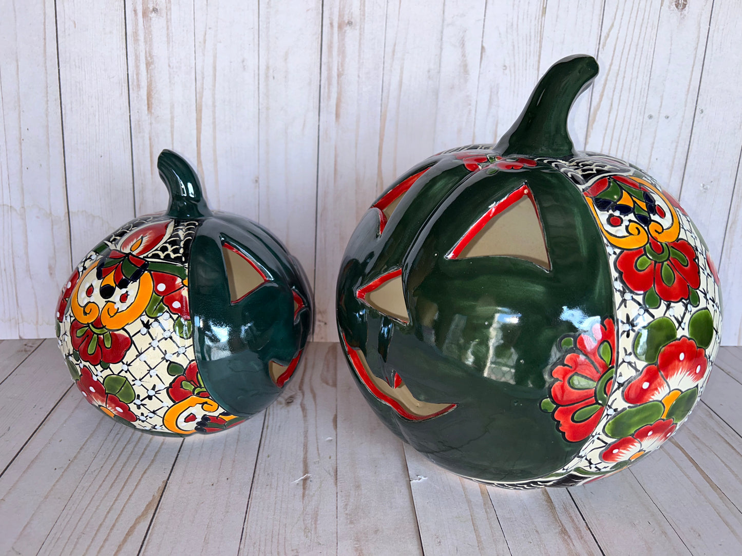 Hand-Painted Talavera Ceramic Pumpkin: Floral Jack-o'-Lantern Decor