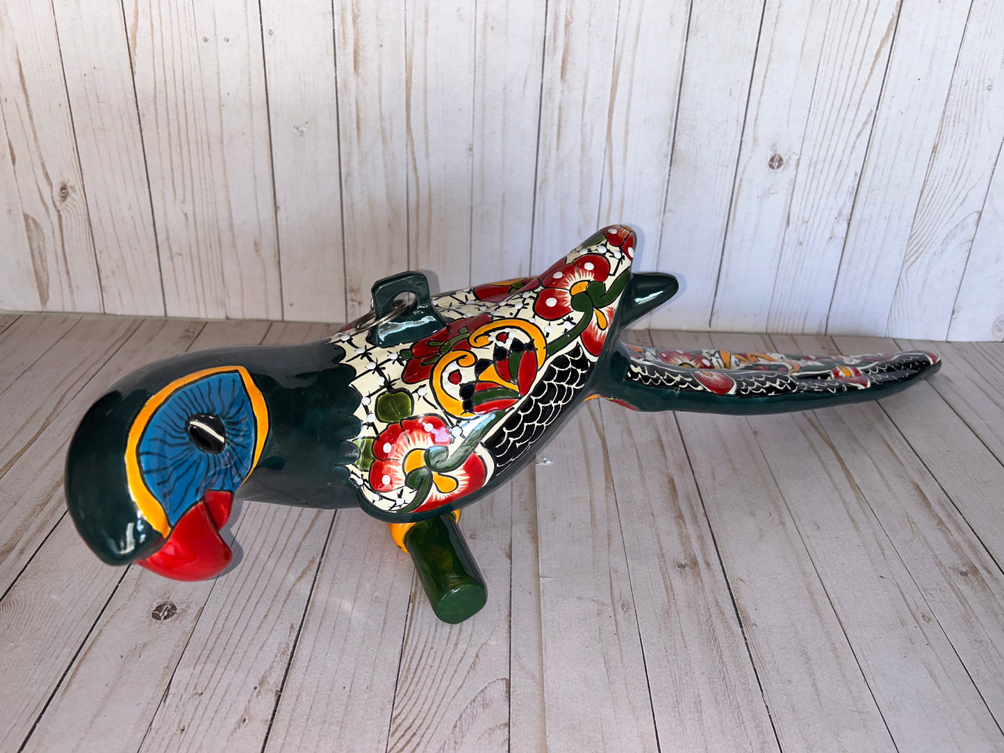 Handmade Ceramic Hanging Parrot: Maya Pattern Mexican Decor