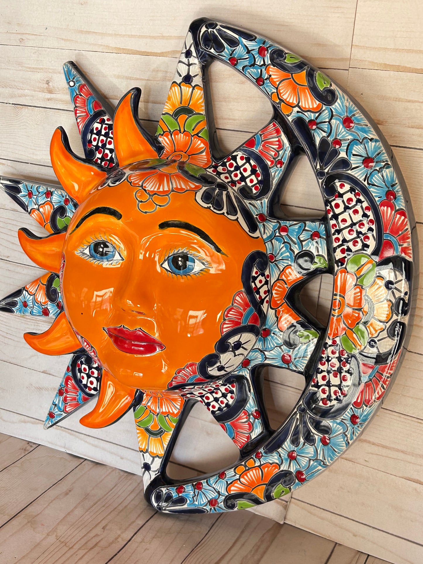 Handcrafted Talavera Sun & Moon Wall Art – Colorful Mexican Ceramic Wall Décor – 19.5” Diameter