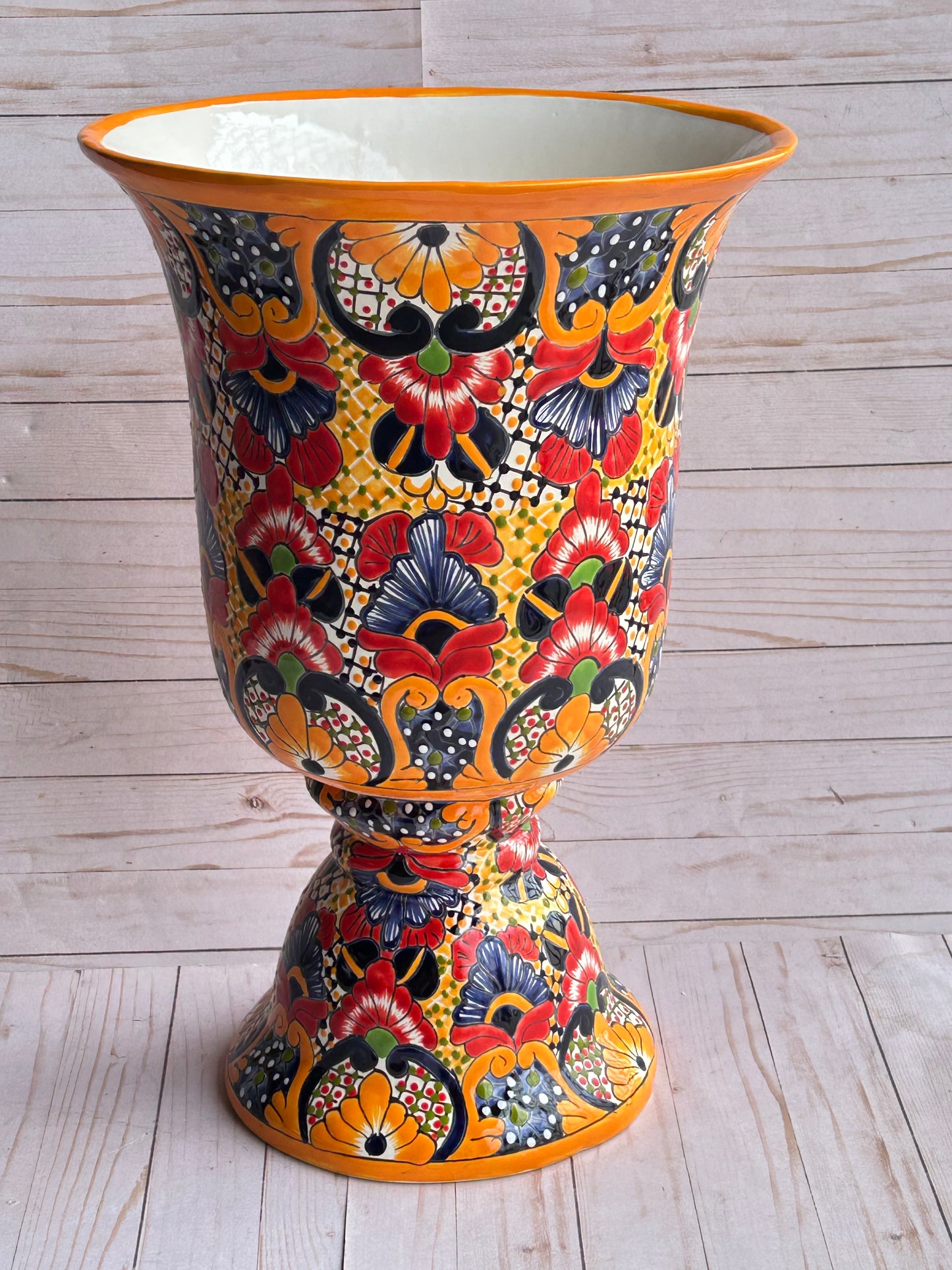 Talavera Planter Cups with Drainage Hole- Hand Painted Mexican Ceramic Pot-Large Pedestal Flower Pot