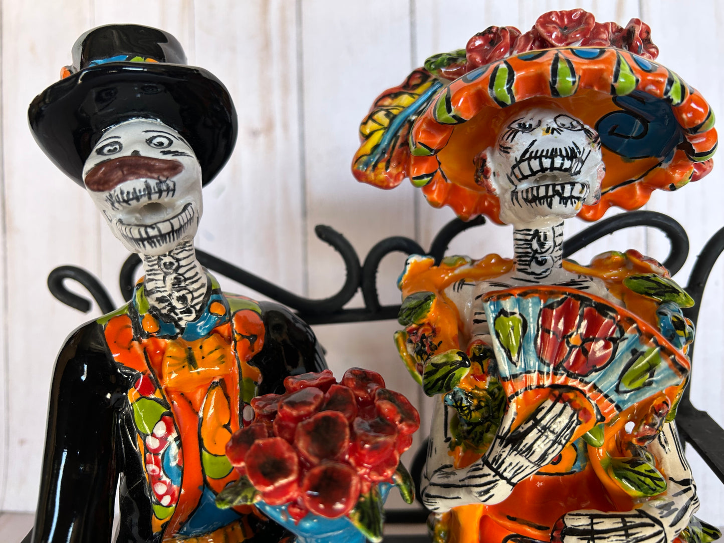 Talavera Small Bride&Groom with Iron Bench Day of the dead.